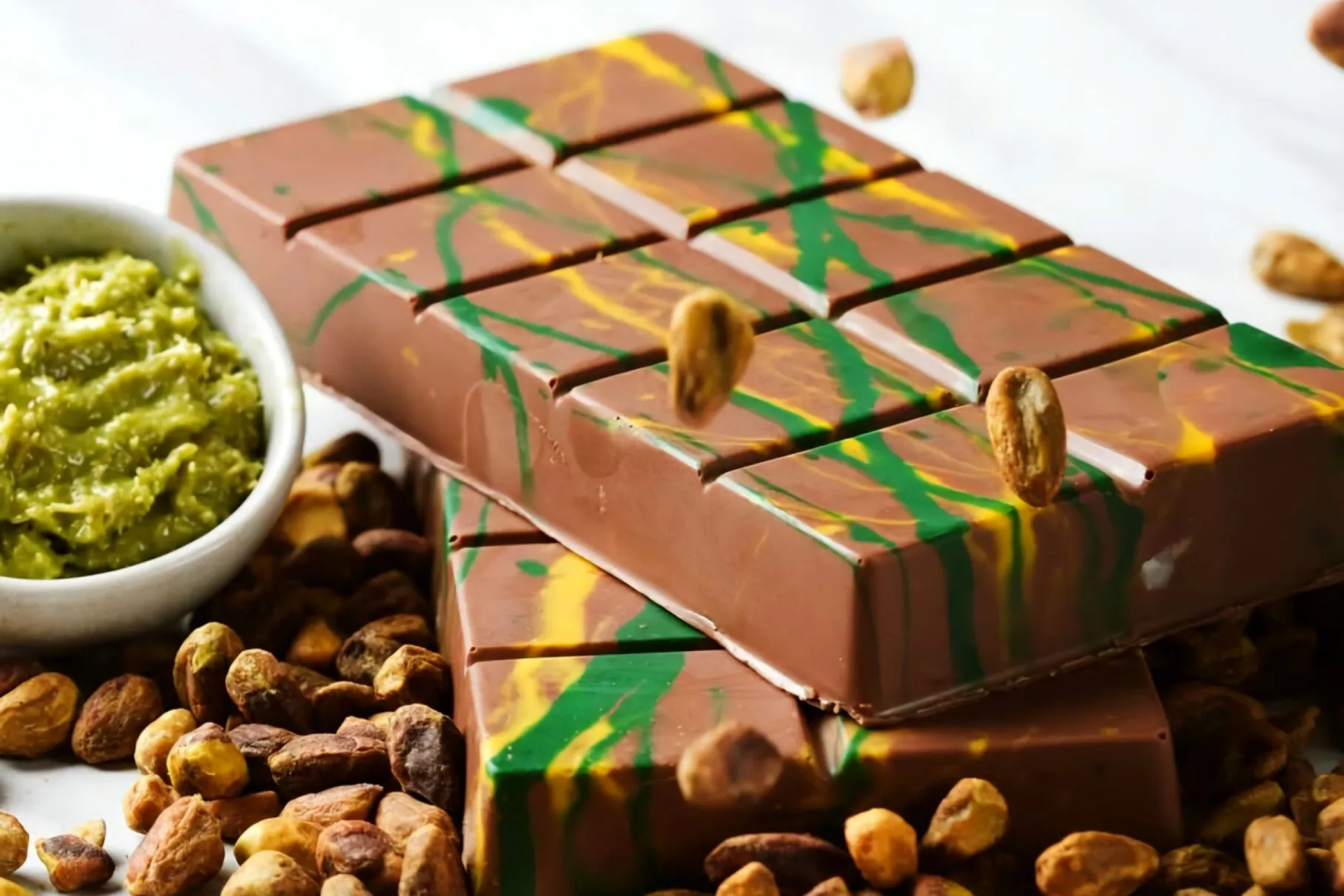 Dubai stílusú csokoládé desszert pisztáciával és arany díszítéssel, luxus közel-keleti édesség