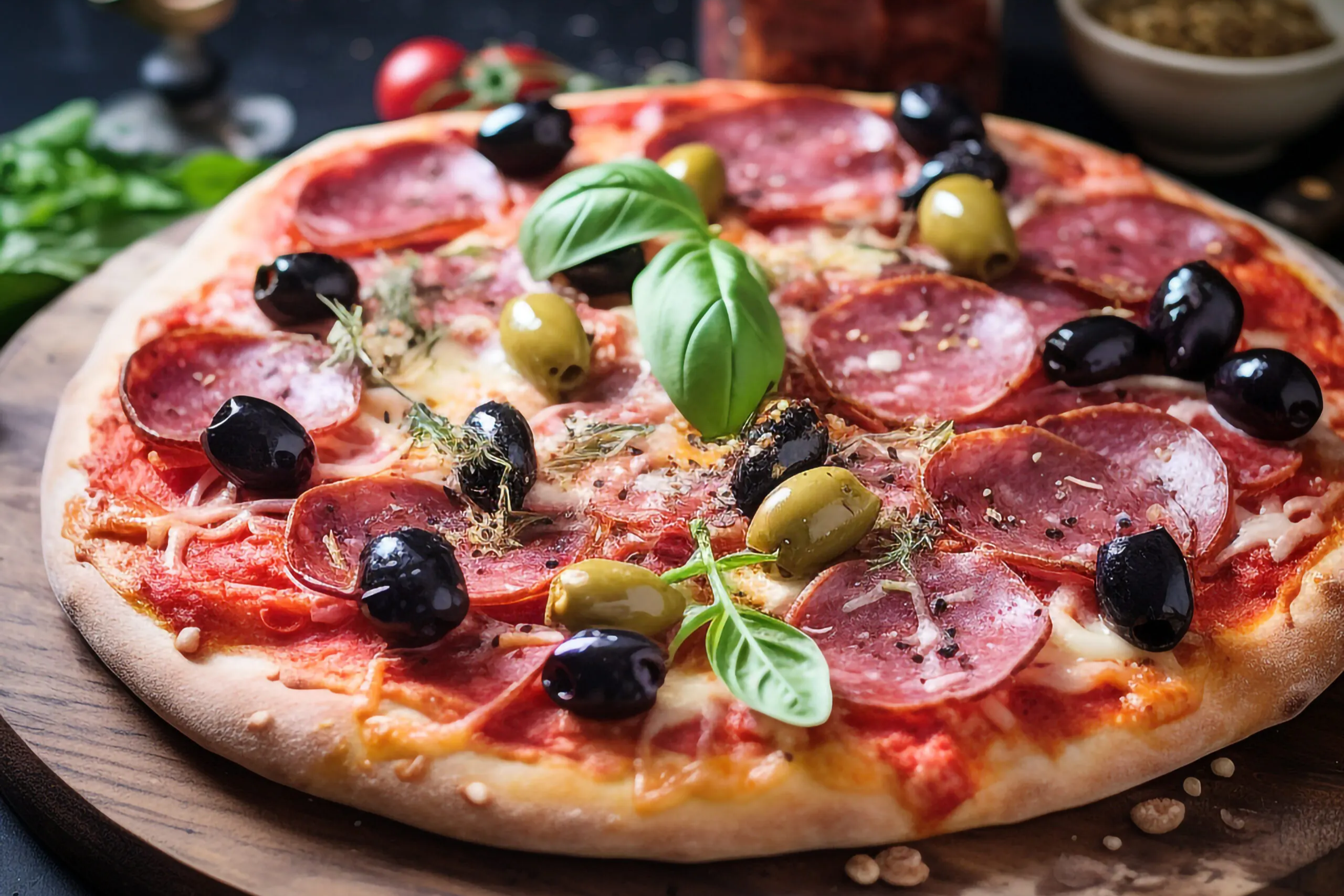Szalámis-olívás pizza ropogós tésztával, fekete olívabogyóval, mozzarellával és friss bazsalikommal