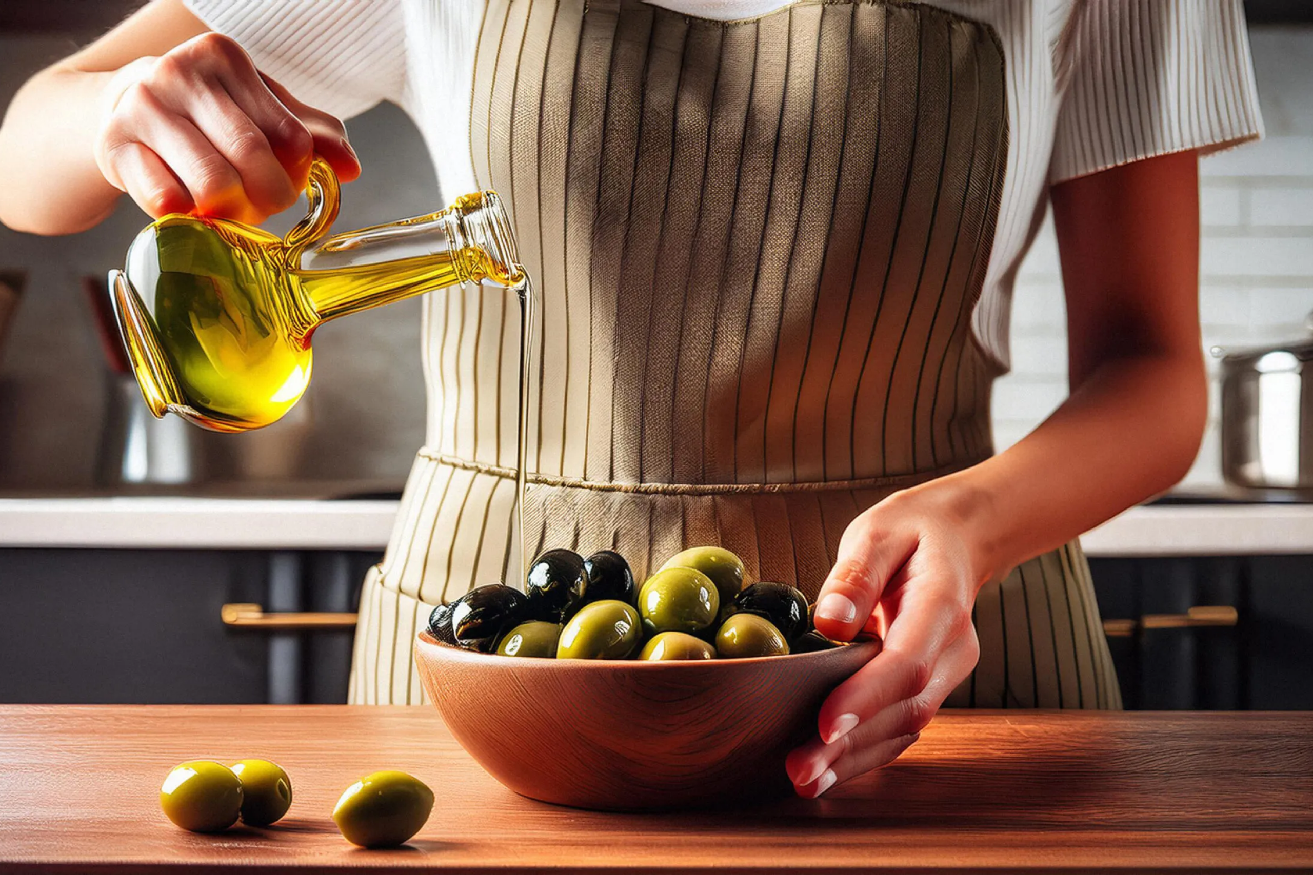 Friss zöld és fekete olívabogyók, valamint extra szűz olívaolaj üvegben, mediterrán hangulatú tálalásban