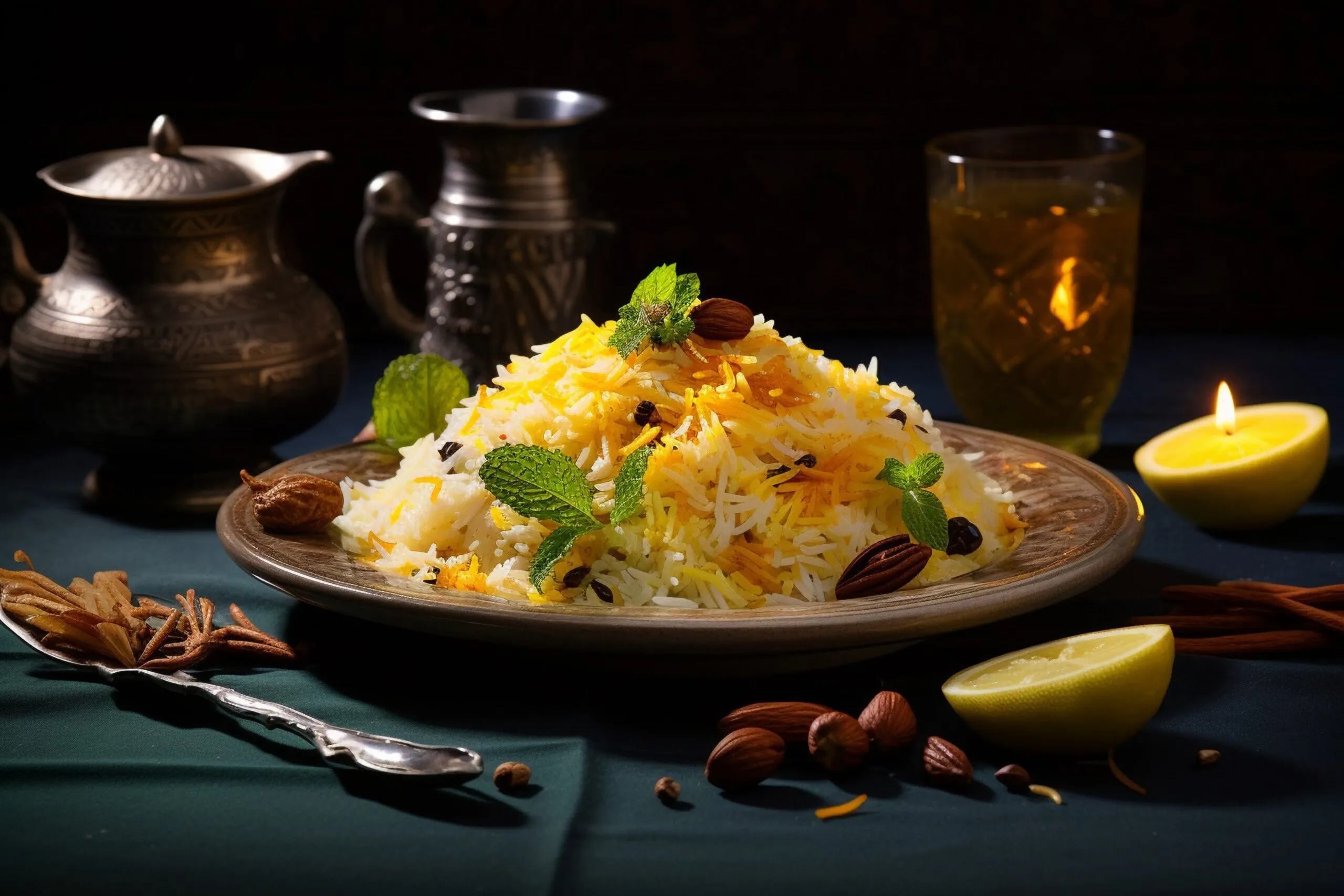 Biryani rizs tálalva – illatos jázmin rizs színes fűszerekkel és körettel, autentikus ázsiai tálalásban