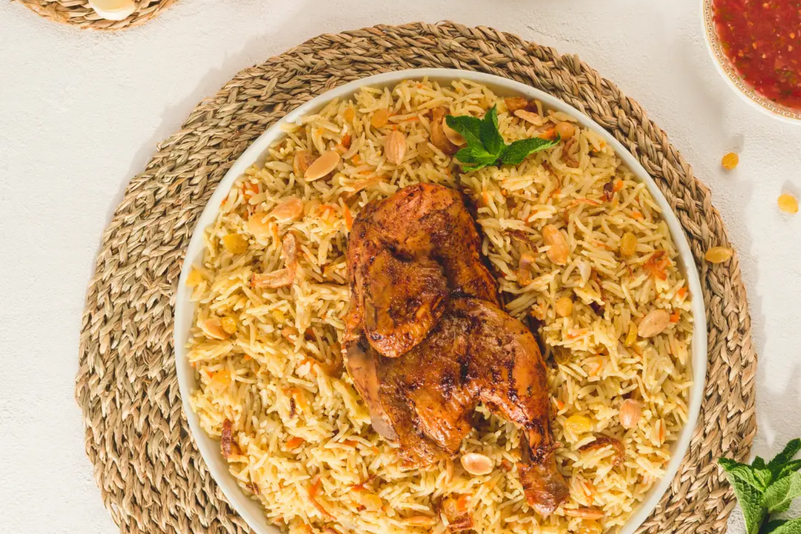 Arab Kabsa rizses csirkés étel mazsolával, mandulával és fűszeres basmati rizzsel tálalva