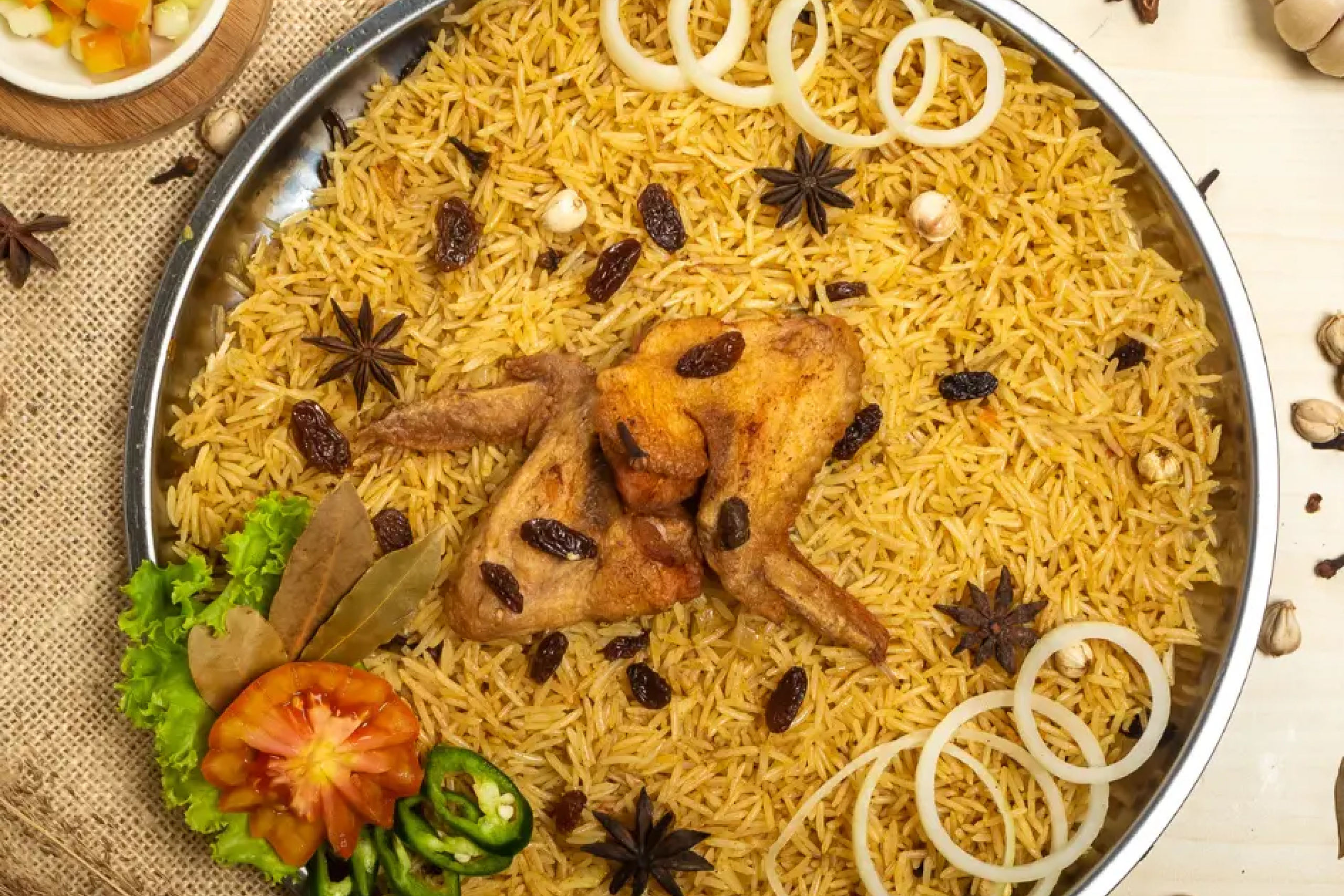 Indiai biryani – aromás basmati rizs csirkehússal, karamellizált hagymával és fűszerekkel tálalva